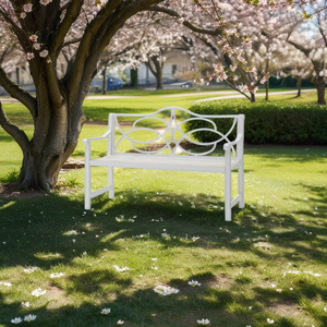 Banc de jardin extérieur en fer et acier avec dossier et accoudoirs, assise à lattes pour cour et véranda - Product Image 1