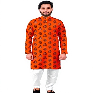 Kurta pour homme imprimé Ganesha orange avec pyjama blanc, coupe régulière, longueur genou, tenue traditionnelle décontractée style Inde Pakistan - Product Image 1