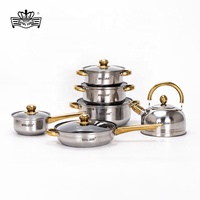 Grande Promotion Ensemble de Batterie de Cuisine Africain Style 12 Pièces en Acier Inoxydable avec Bouilloire Poignée Dorée Ustensiles de Cuisine