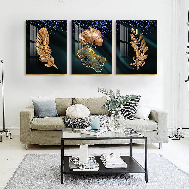 Nordic Triptych Plant Murals Golden Feather Wall Art Olive Branch Crystal Porcelain Painting 5D Resin Diamond Decor Painting