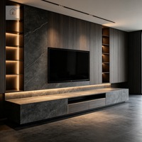 Mueble de TV Moderno y Minimalista XINGRUO, Mueble de Pared Integrado con Acabado en Nogal Oscuro, Mueble Multimedia Personalizado