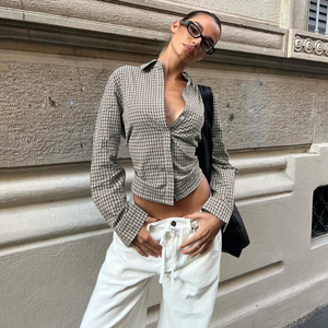 เสื้อเชิ้ตทรงเข้ารูปสไตล์วินเทจลายสก็อต แขนยาว ติดกระดุม ผูกเอว สำหรับผู้หญิง ฤดูใบไม้ผลิ Y2K - Product Image 1