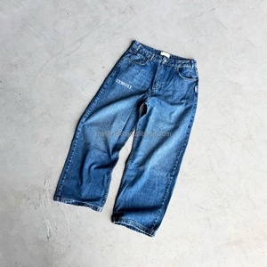 Jeans en denim personnalisés en usine, jeans délavés bleus, pantalons en denim décontractés taille haute, jeans amples de créateur, vente en gros - Product Image 1