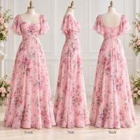 Robe longue en mousseline à imprimé floral pour femme, avec corsage froncé, manches volantées et col cœur, coupe trapèze, idéale pour les occasions spéciales.