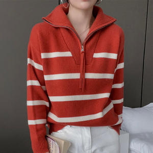 Autumn Winter Women's <strong>Striped</strong> Polo Collar Pullovers Sweater Half Zip Loose Lazy Warm Long Sleeve <strong>Jumper</strong> - Product Image 3
