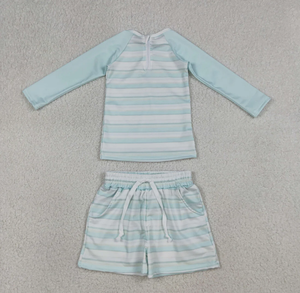 Ensemble de maillots de bain pour frères et sœurs, garçons et filles, bleu clair à rayures, haut à manches longues, short avec fermeture éclair au dos - Product Image 3