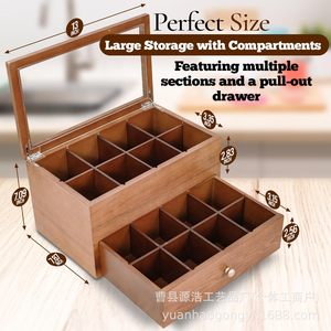 Wooden Tea <b>Storage</b> <b>Box</b> 13x7.81x7.09 Inch Double Layer With <b>Drawer</b> Compartmentalized For Tea Coffee Bags - Product Image 1