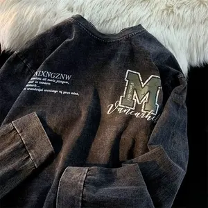 Black vintage crew neck sweatshirt clothing wholesale custom logo oversized crew neck distressed washed printed sweatshirt