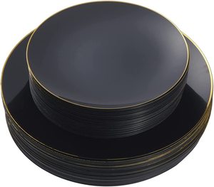 Assiettes jetables de luxe en <span class=keywords><strong>plastique</strong></span> noir et or de 10.25 pouces avec bord doré pour les fêtes de mariage <span class=keywords><strong>Nouvel</strong></span> <span class=keywords><strong>An</strong></span> - Product Image 6