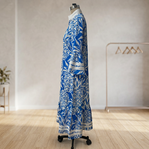 Blue Pineapple Print Peplum <b>Dress</b> Asymmetrical V Neck Long Sleeve Woven Casual <b>Dress</b> for Daily Vacation - Product Image 3