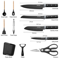 Ensemble de 11 couteaux et ustensiles de cuisine en acier inoxydable avec bloc à couteaux, manches ergonomiques antiadhésifs ambidextres, durables et multifonctionnels