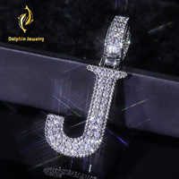 Collier Pendentif Lettre J Moissanite Iced Out avec Crochet Évasé en Argent 925, Bijoux Hip Hop pour Hommes et Femmes