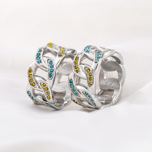 yunnique Trendy Men's <b>Titanium</b> Steel Cuban Chain <b>Ring</b> With Colored Diamonds Geometric Design For Party Jewelry - Product Image 3