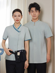 25 Billion Long Chinese Style Graded Strip Collar Short Sleeve Cleaning PA Room Service Housekeeping Staff Work Breathable - Product Image 2