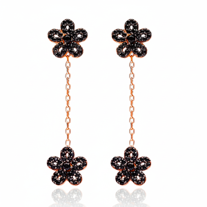 Silver <b>Black</b> Zircon Flower Long <b>Dangle</b> <b>Earring</b> 925 Silver Turkish Wholesale for Women <b>Earring</b> - Product Image 2