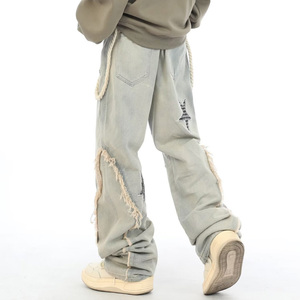 Lace-up Raw Edge Mid Waist <strong>Rockstar</strong> Jeans Men Designer Baggy Jeans Stars Trousers Wholesale Custom Denim OEM Straight Knitted - Product Image 5