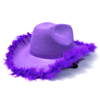 Chapeau de cowboy rose à bordure en fausse plume, chapeau de cowgirl en feutre pour Halloween, Noël, fête, cosplay, costume pour fille branchée