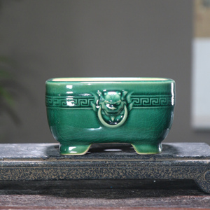 Maceta Cuadrada de Cerámica para Bonsái con Cara de León, Esmalte Verde, Estilo Chino, Maceta Pequeña - Product Image 1