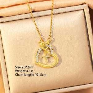 Collar de Acero Inoxidable de Moda con Microincrustaciones de Circonita, Collar con Colgante de Cruz y Corazón para Parejas, Mujeres, Mamá e Hija - Product Image 3