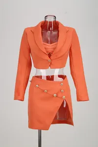 Sexy & Club mode femmes élégant solide Orange costume Blazer court et Mini jupe ensemble deux pièces femmes costume