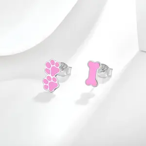 Anti Allergic Cute Animal Stud Earring 925 Sterling Silver Asymmetry Enamel Cat Dog Paw Earrings