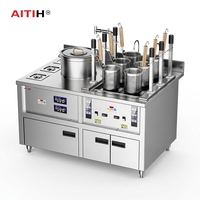 Machine de restauration de cuisine avec cuiseur à nouilles à levage automatique, maintien au chaud intégré, station à soupe et 3 stations à condiments