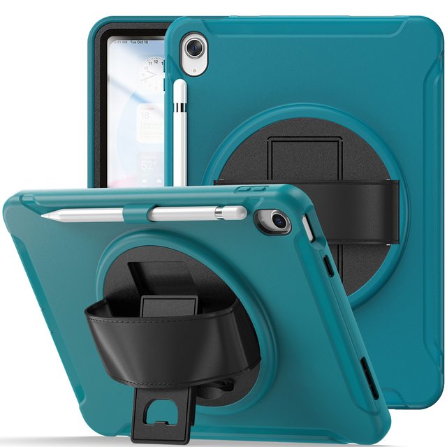 For iPad 10th Gen Case 10.9 Inch 2022 Full-Body Shockproof Protective Case 360 Rotating Hand Strap Swivel Kickstand
