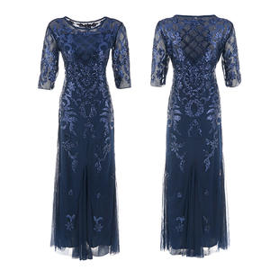 复古20世纪20年代长裙透视半袖刺绣碎花亮片派对裙性感马克西连衣裙前庭 - Product Image 6