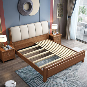 Khung giường nữ hoàng kiểu Trung Quốc mới mềm mại cho phòng ngủ Golden Walnut giường gỗ rắn hiện đại 1.8m giường đôi với hộp lưu trữ cao - Product Image 4