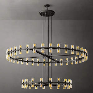 2 Layers American Retro Wagon Wheel Chandelier Crystal Living Room Dining Room Two-Tier Round Brass Ring Chandelier - Product Image 2