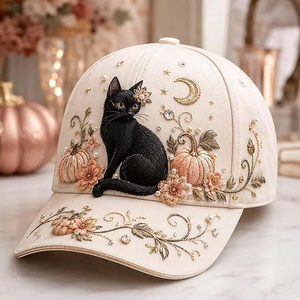 Gorras de Béisbol Personalizadas de Lona con 6 Paneles, Visera Curva Estructurada, Bordado 3D de Gato Negro, Patrón Floral de Calabaza y Pedrería de Perlas - Product Image 1