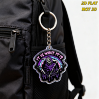 Porte-clés en acrylique Grim Reaper, squelette à capuche violet avec arc arc-en-ciel coulant, double face, breloque gothique Meme
