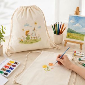 กระเป๋าผ้ารูดเชือกแบบย้อมสีเองได้ จำนวนมาก สีขาวล้วน สำหรับงานซับลิเมชั่น ย้อมผ้า งานประดิษฐ์ในค่ายฤดูร้อน ของชำร่วยงานปาร์ตี้ - Product Image 4