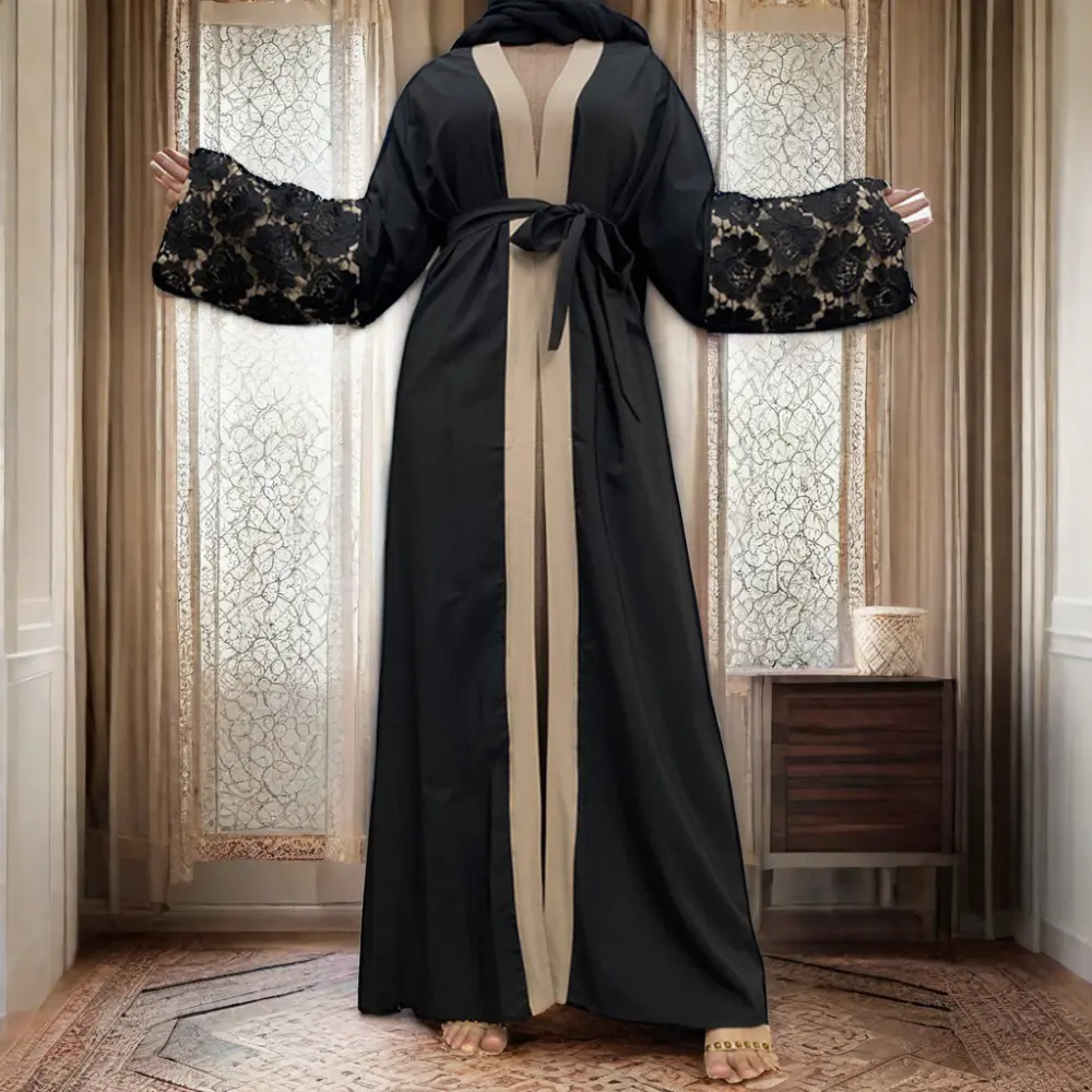 YWQS Dubai arabische Frauenmode Übergröße Splice mehrfarbige Spitze lockere Passform atmungsaktiv Polyester offener Abaya für Erwachsene