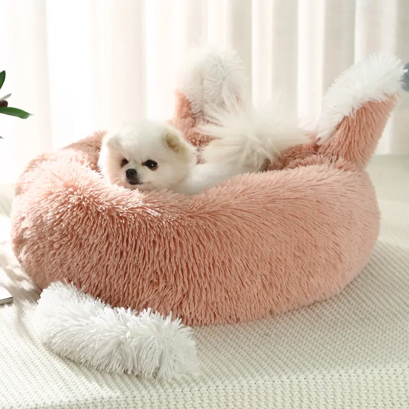 Wholesale Cute Soft Comfortable Upgrade Cat Bed Sofa Fluffy Plush Calming Puppy Dog Bed Anti Anxiety Warm Pet Beds With Ear Tail