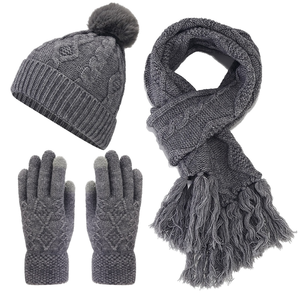 Ever Fortune Ensemble 3 pièces en tricot d'hiver mignon pour enfants filles garçons, bonnet en acrylique, pompon, écharpe thermique chaude, gants, dobby - Product Image 2