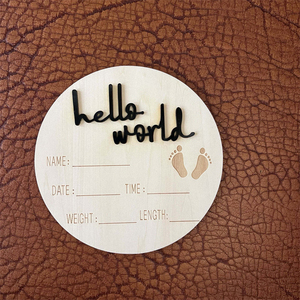 Bonjour monde naissance annonce signe moderne bois gravé plaque ronde bébé jalons carte - Product Image 5