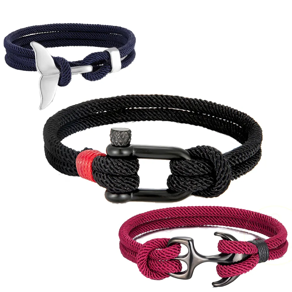 Fashion Men Women Stainless Steel Buckle Sport Outdoor Survival Camping Paracord Whale Tail U shape Anchor Rope Bracelets