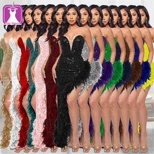 Women Elegant Evening Gowns Strapless Sexy Backless Sequined Feather Prom Dresses Sleeveless Party Maxi Evening Dress