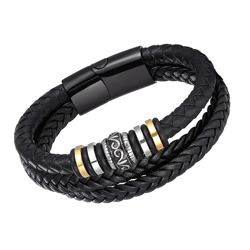 Hot Sale Double Row Magnetic Closure Bracelets Handmade Retro Rope Bracelet Black Multilayer Braided Leather Bracelet for Men