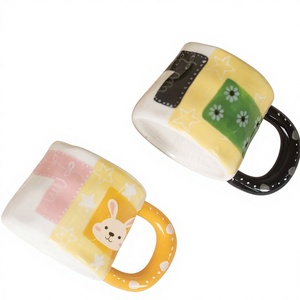 Tazza da Caffè Domestica in Stile Ins, Creativa, Dipinta a Mano, con Design a Blocchi di Colore, Grande Capacità, Motivo Coniglio, Stelle e Fiori - Product Image 1