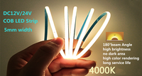 Bande lumineuse LED COB ultra-mince 3 mm 4 mm 5 mm, 5 V 12 V 24 V CC, 480 LED, couleur pleine, idéale pour l'éclairage de chambre à coucher