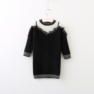 Suéter de Niña con Nuevo Diseño, Estilo Coreano, Color Negro, Largo hasta la Rodilla, con Encaje - Product Image 4