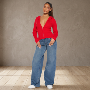 Vente en gros de sweats à capuche ajustés pour femmes, en tricot fin, couleur rouge cerise, avec fermeture éclair, personnalisables, fabriqués par un fabricant - Product Image 3