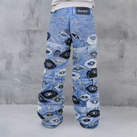 DiZNEW Jeans pour hommes style gothique avec broderie œil, denim épais, multi-couches, coupe ample, streetwear OEM