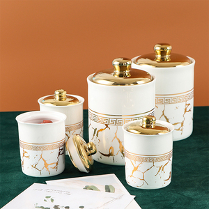 Home Küche Luxus Marmor Design <span class=keywords><strong>Gold</strong></span> 7PCS Keramik Tee Kaffee Zucker Luftdichte Lager behälter Gewürz glas <span class=keywords><strong>Set</strong></span> - Product Image 5