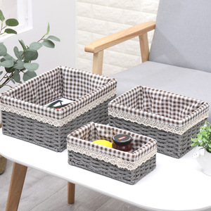 Panier de rangement pour la maison en paille et tissu tressé en saule, boîte de rangement carrée ouverte de style japonais pour le salon et - Product Image 1