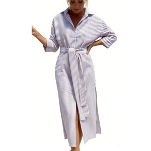 เดรสเชิ้ตผู้หญิงลายทางติดกระดุม ความยาวปานกลาง สไตล์ลำลอง ทรงหลวม ผ่าข้าง เหมาะสำหรับวันพักผ่อน แฟชั่น Sehe - Product Image 1