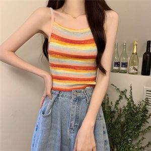 เสื้อสายเดี่ยวถักลายทางสไตล์ Spice Girl สำหรับผู้หญิง ใส่คลุมด้านนอกในฤดูร้อน สไตล์เรียบง่าย โชว์ไหล่ ทรงเข้ารูป สั้น - Product Image 2