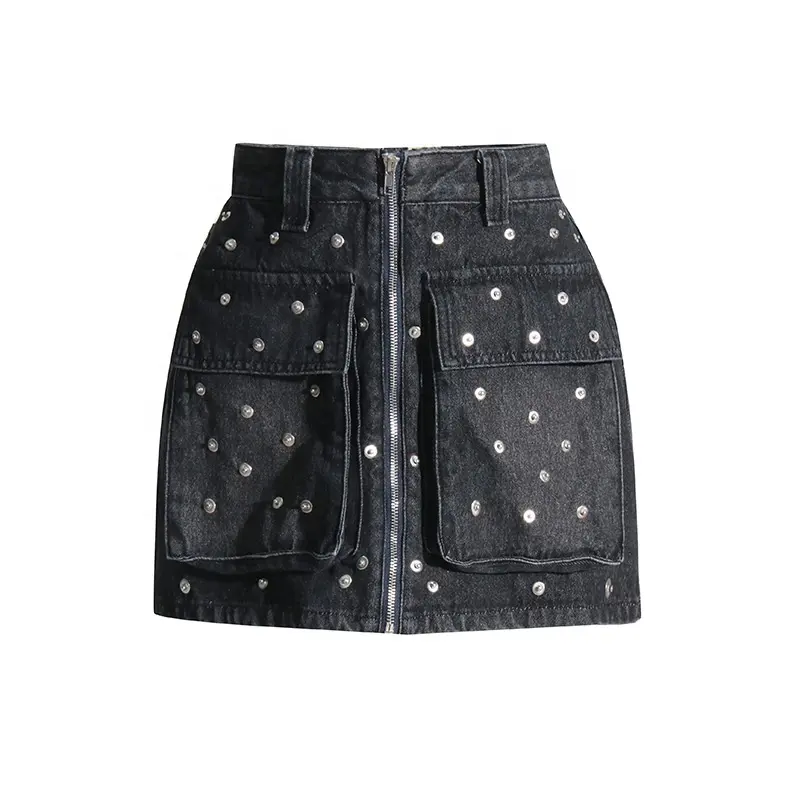 OUDINA Fashionable Style Denim Cargo Skirt With Pockets High Waisted New Splicing Rivet Short Skirts For Women